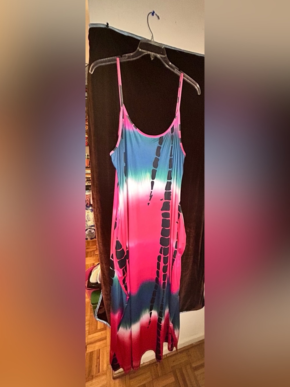 Tie-Dye Maxi Slip Dress in Pink, Teal & Black